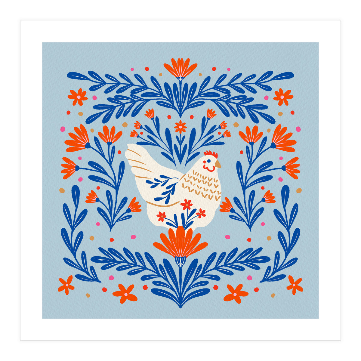 Blooming Chicken Blue And Orange (Print Only)