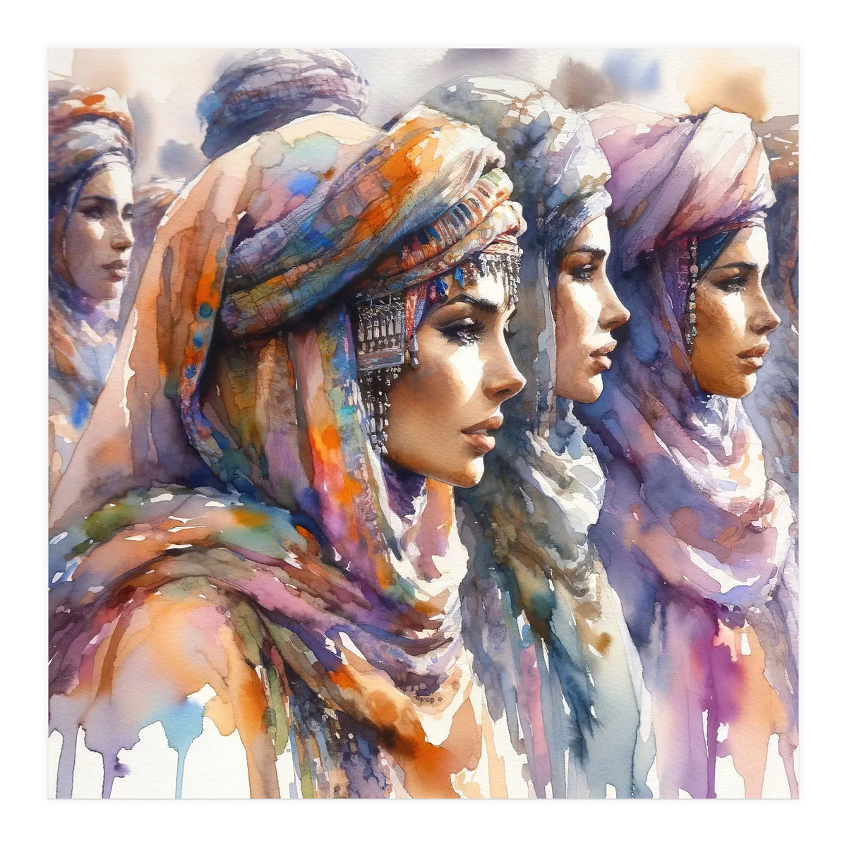 Tuareg Women Procession Watercolor (Print Only)