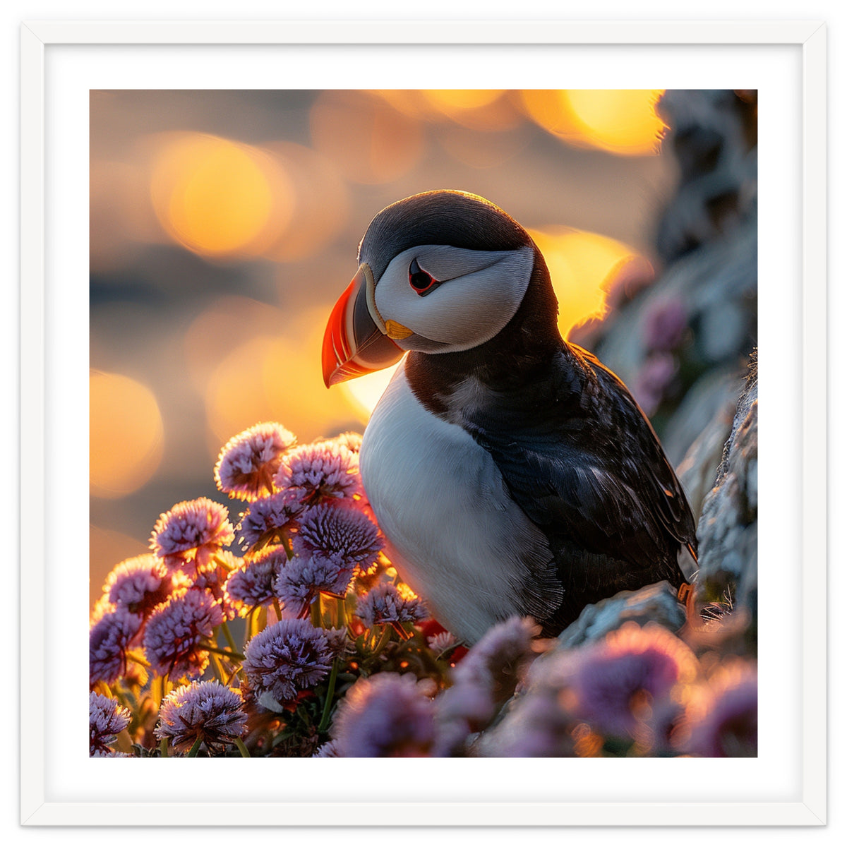 Puffin Bird Amidst Purple Flowers Golden Hour
