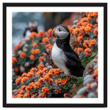 Atlantic Puffin Bird Perched On Orange Flowers thumbnail