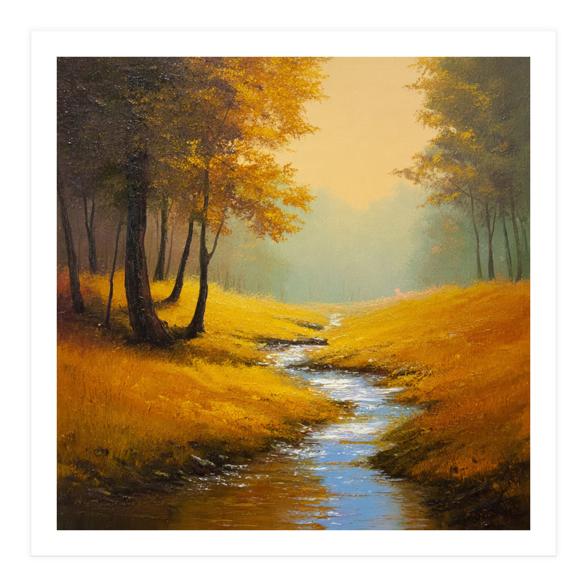 Golden Autumn Forest Path with Winding Creek (Print Only)