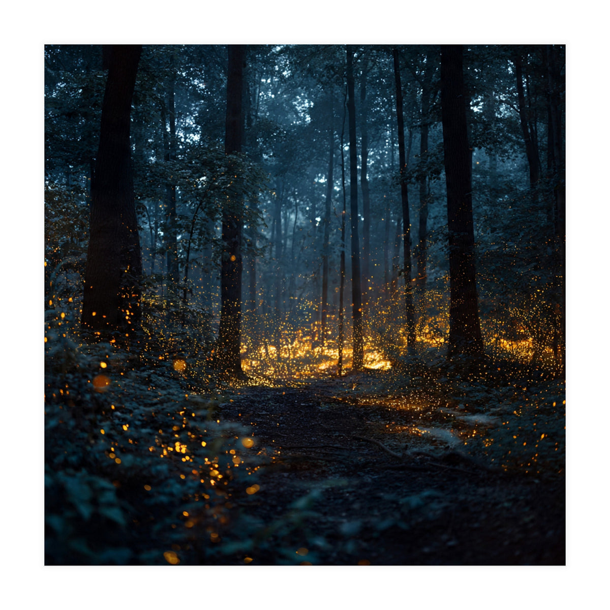 Enchanted Midnight Forest with Glowing Fireflies (Print Only)