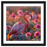 Pink Flamingo Standing In A Field Of Flowers thumbnail