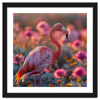 Pink Flamingo Standing In A Field Of Flowers