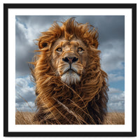 Majestic Lion Portrait Windblown Mane Outdoors