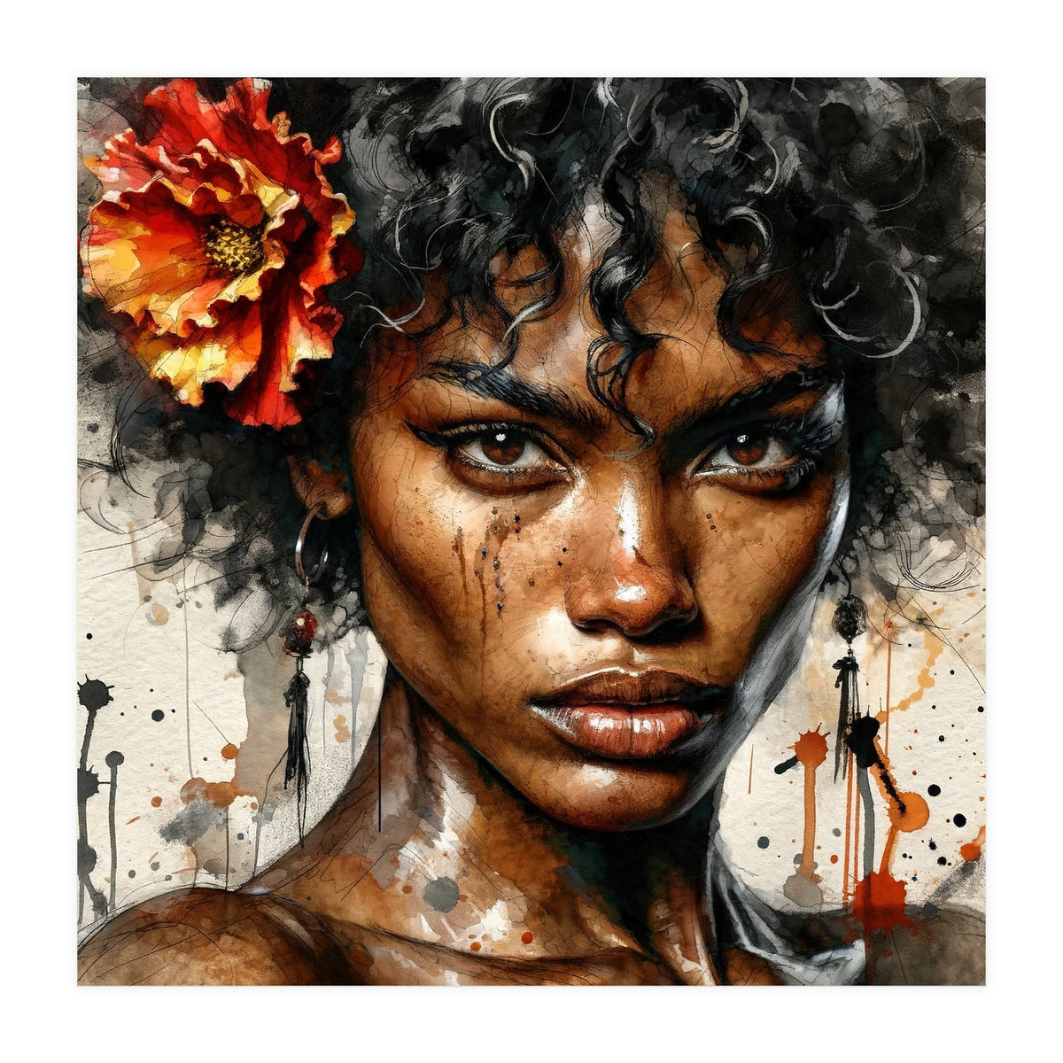 Watercolor Afro American Flamenco Dancer #1 (Print Only)