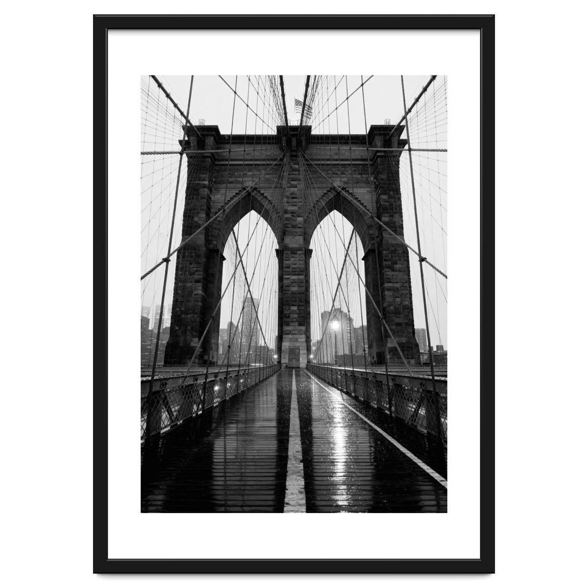 Brooklyn Bridge Black and White, Moody NYC Architecture, Rainy Urban Photography