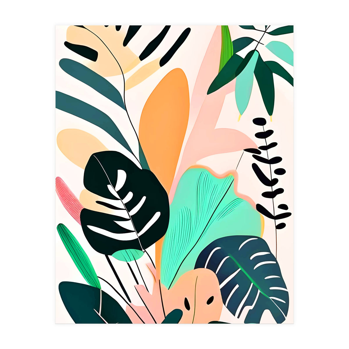 Pastello, Tropical Pastel Jungle, Botanical Neutral Muted Colors, Nature Plants Drawing Monstera, Exotic Bohemian Summer (Print Only)