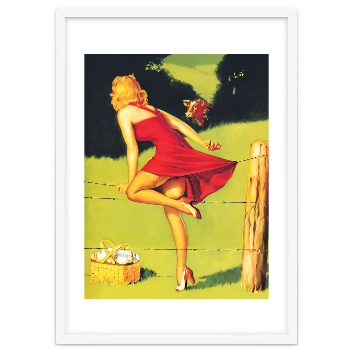 Pinup Girl In Red Dress Crossing The Barbed Wire While Looking At The Bull