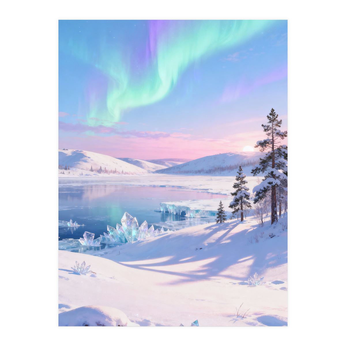 Northern Lights, Aurora Sky, Arctic Landscape, Aurora borealis, Snow Fall (Print Only)
