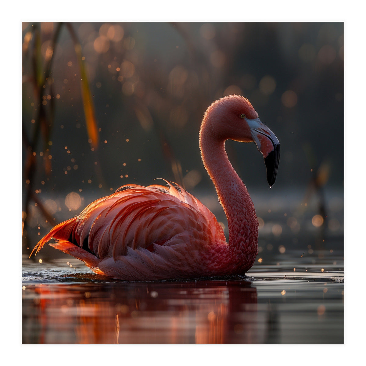 Pink Flamingo Swimming In Sunlight Water (Print Only)