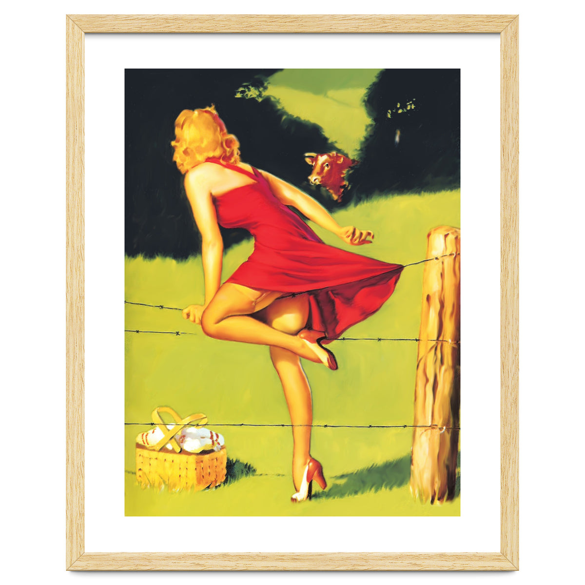 Pinup Girl In Red Dress Crossing The Barbed Wire While Looking At The Bull