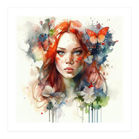 Watercolor Floral Red Hair Woman #7 (Print Only)