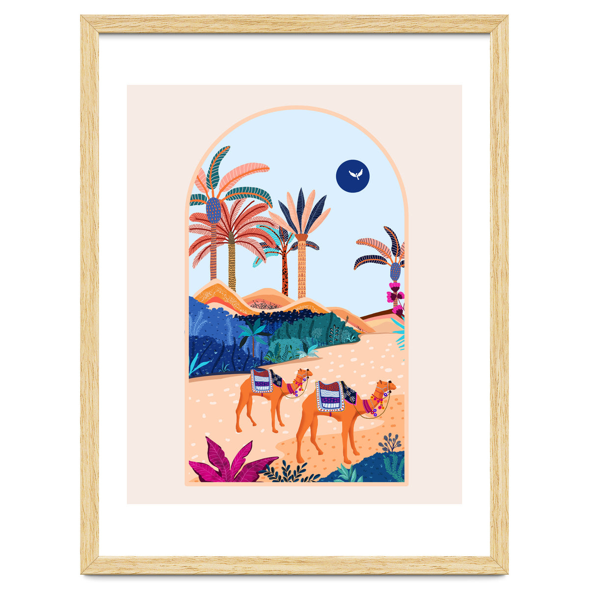 The Arabian Desert, Nature Landscape Travel Illustration, Camels Eclectic Sand Dunes Dubai Palm, Sahara Middle East Hot Summer Animals Bohemian