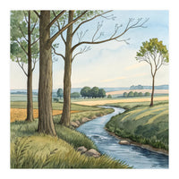 Pastoral Countryside Watercolor Painting with Winding Stream Meadows and Deciduous Trees Landscape (Print Only)