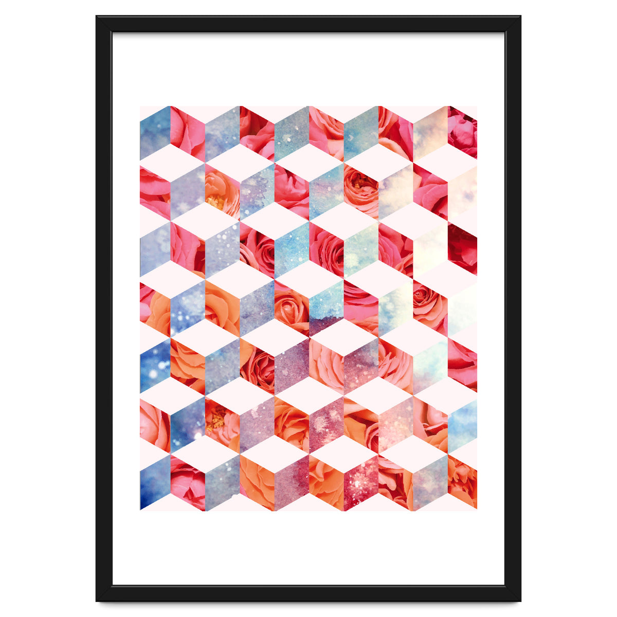 Eve's Sweet Garden of Roses, Geometrical Eclectic Shapes Digital Collage, Surrealism Floral illusion