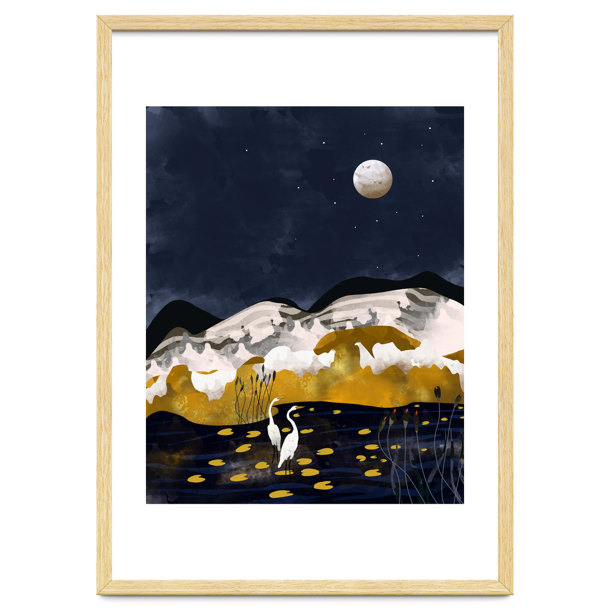 Midnight Lake, Stork Wildlife Animals Abstract Painting, Nature Landscape Travel Adventure Full Moon Night, Eclectic Gold Birds Magical Bohemian