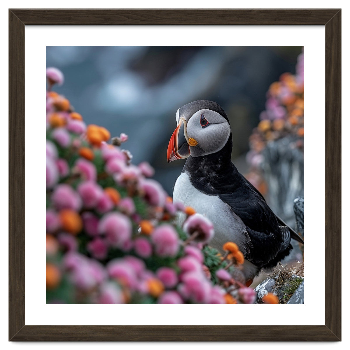 Puffin Bird Among Colorful Wildflowers In Bloom