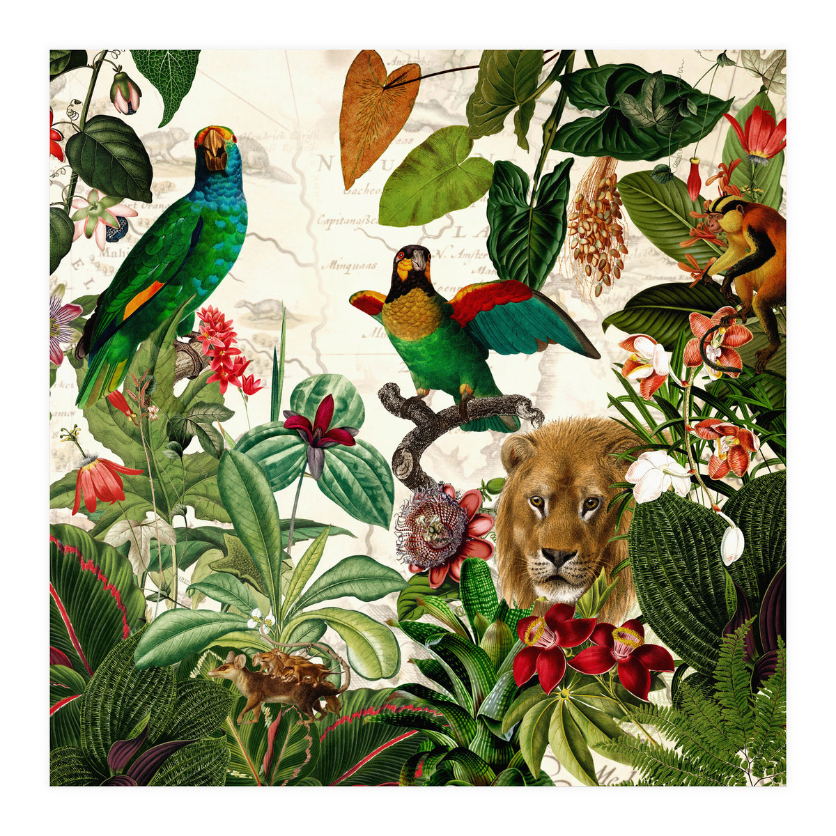 Exotic Lush Jungle And Wild Animals Landscape  (Print Only)