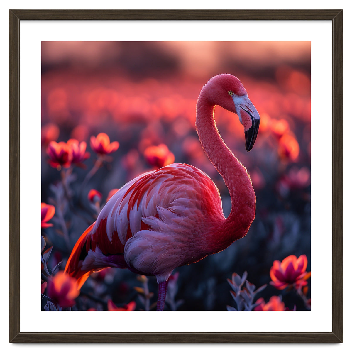 Pink Flamingo Bird Standing Among Flowers At Sunset