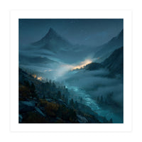 Moonlit Alpine Valley at Night with Shimmering River (Print Only)