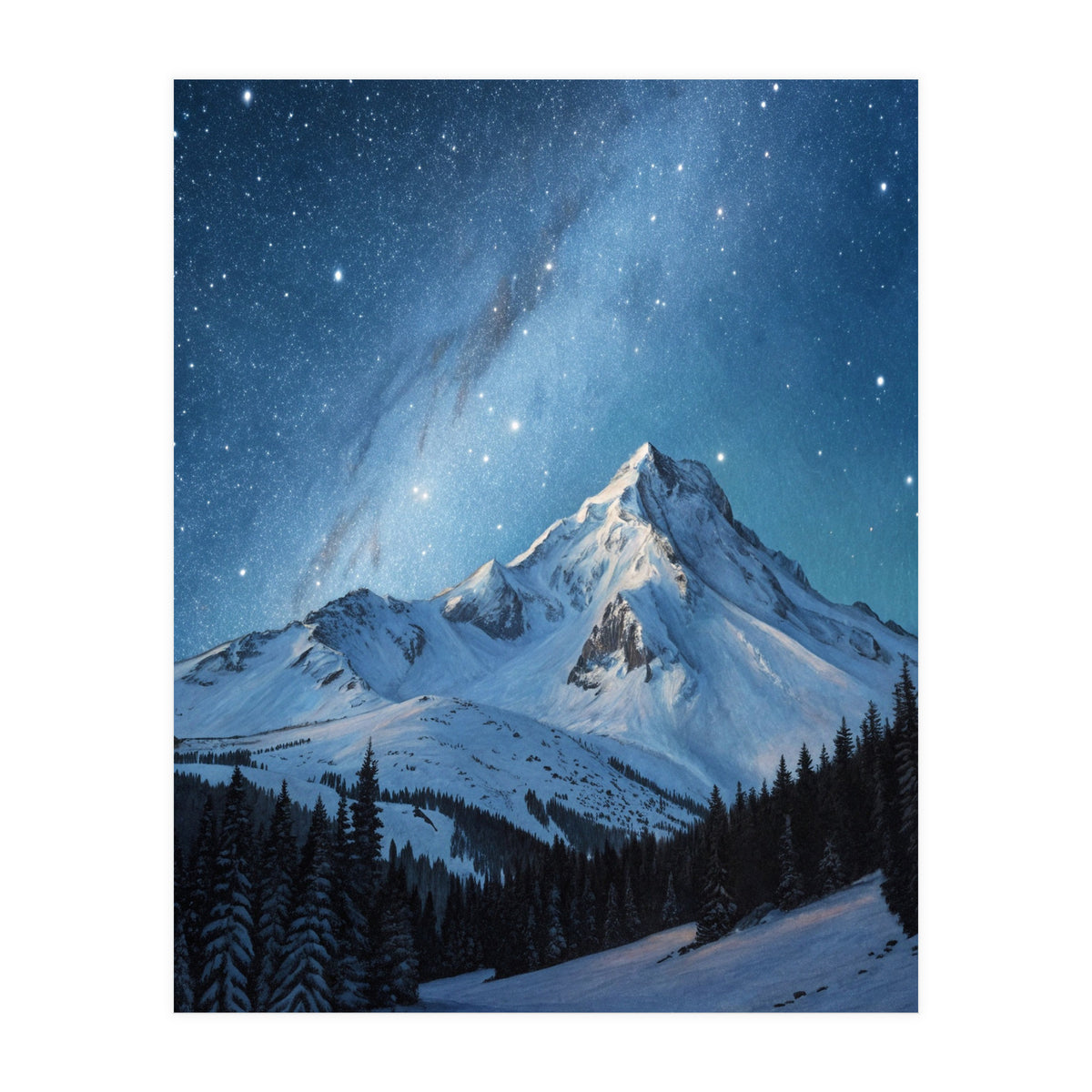 Majestic Snow-Capped Mountain Peak Under a Brilliant Starry Night Sky (Print Only)