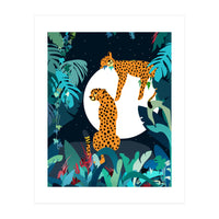 Over The Moon, Leopard In Love, Jungle Wildlife Tropical Tiger Botanical, Nature Cat Dark Animals (Print Only)