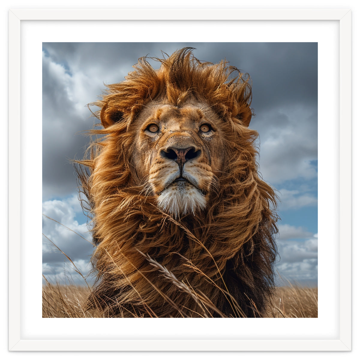 Majestic Lion Portrait Windblown Mane Outdoors