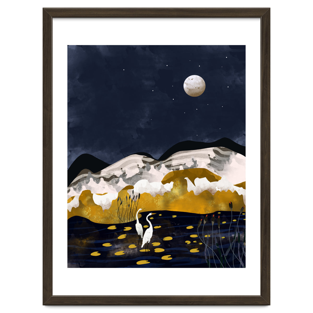 Midnight Lake, Stork Wildlife Animals Abstract Painting, Nature Landscape Travel Adventure Full Moon Night, Eclectic Gold Birds Magical Bohemian