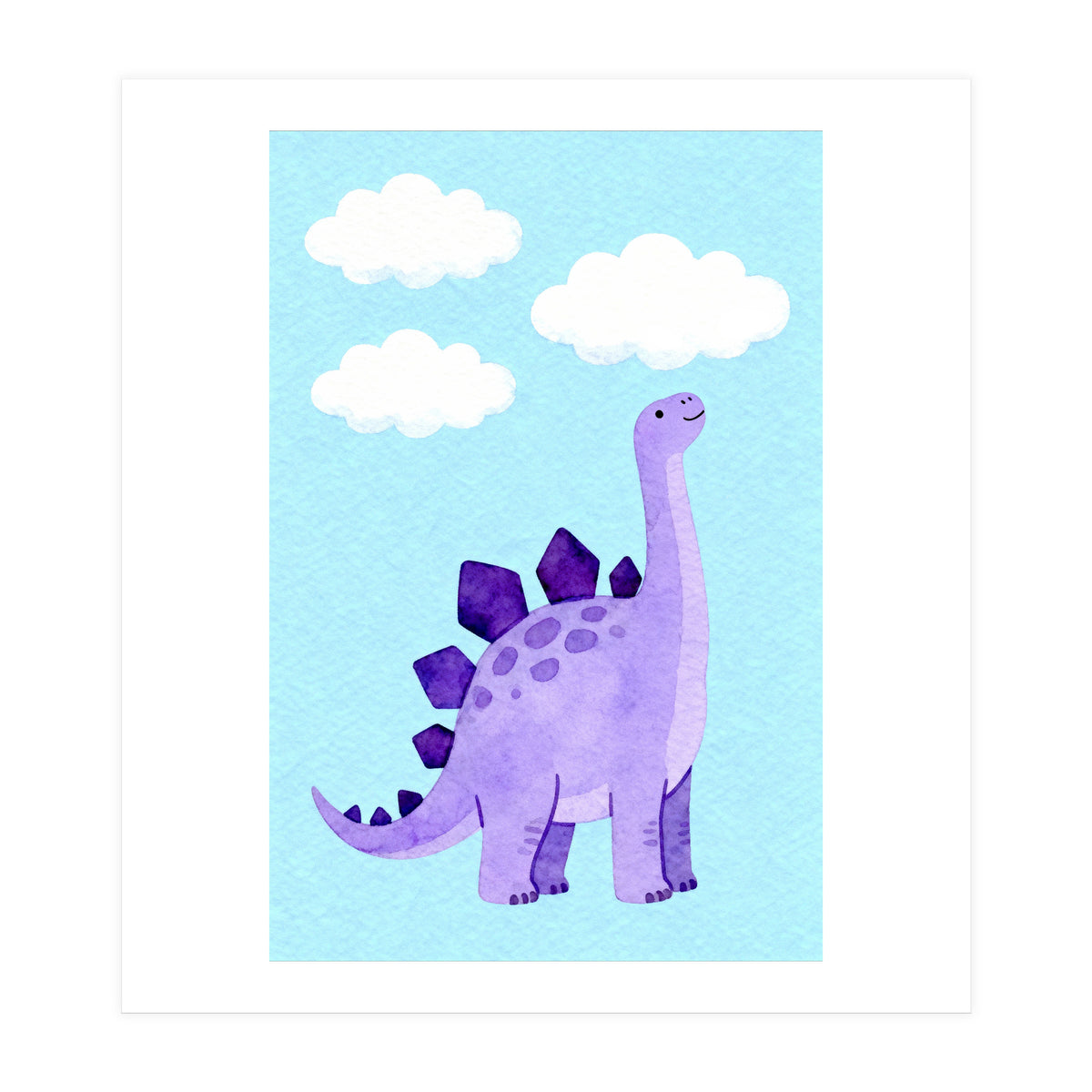 Purple Stegosaurus Watercolor Art, Cute Dinosaur Nursery Print, Dino and Clouds Illustration (Print Only)
