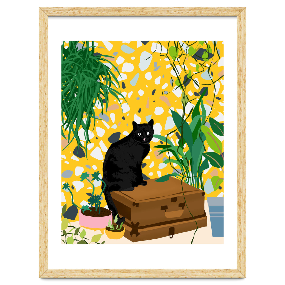 Urban Jungle Cat, Black Cats Pets Terrazzo Decor, Whimsical Bohemian Animals Illustration, Eclectic Quirky Travel