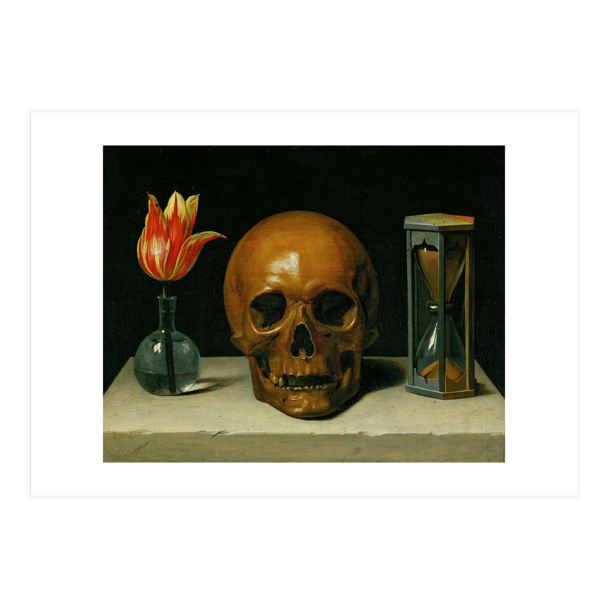 Vanitas, allegory of fleeting time with skull and hour-glass. Oil on canvas. (Print Only)