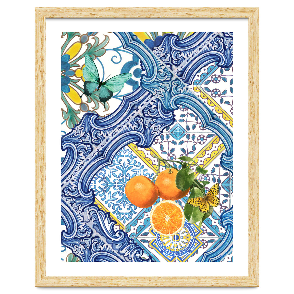 Mediterranean blue tiles, butterflies and citrus fruit