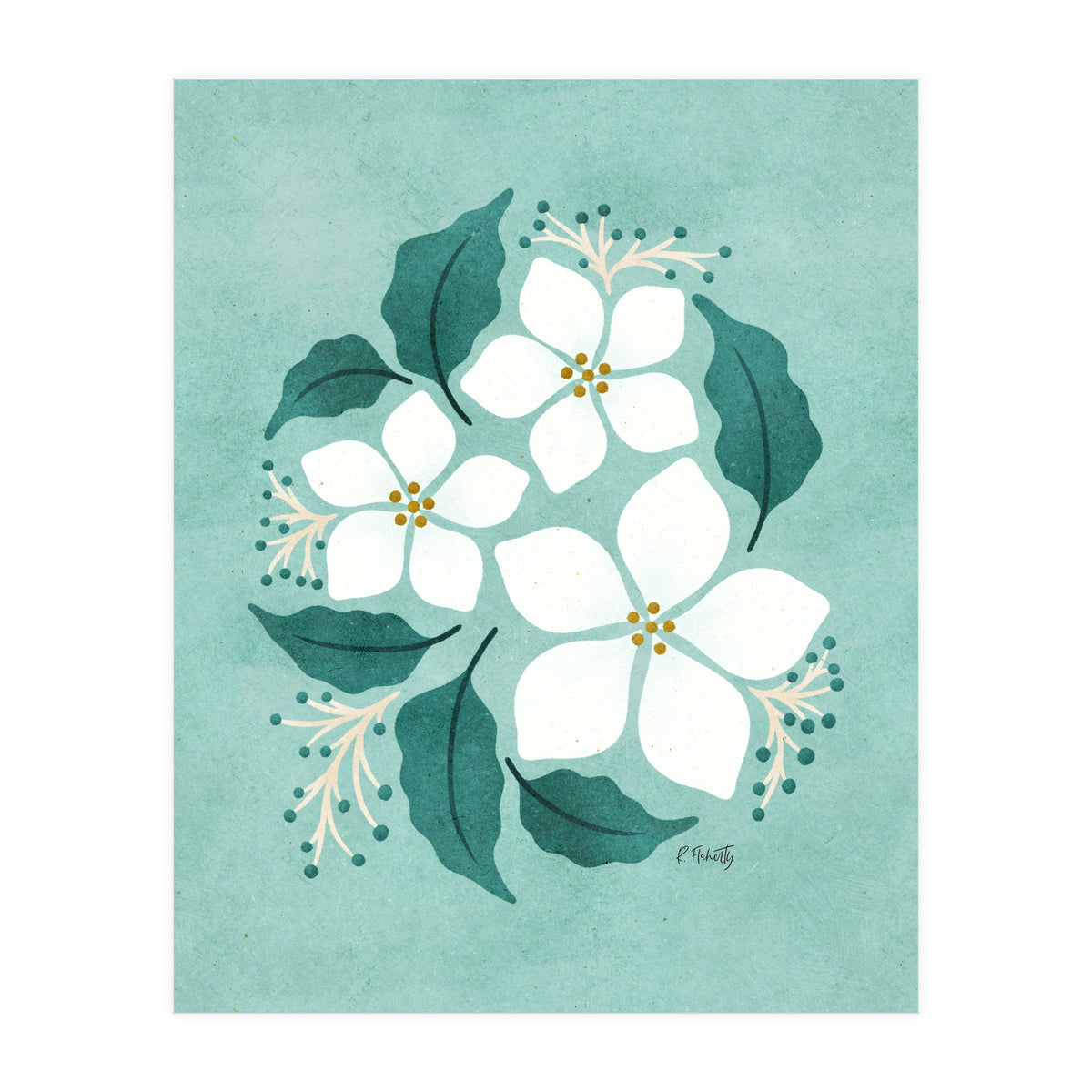 White Flowers On Mint (Print Only)