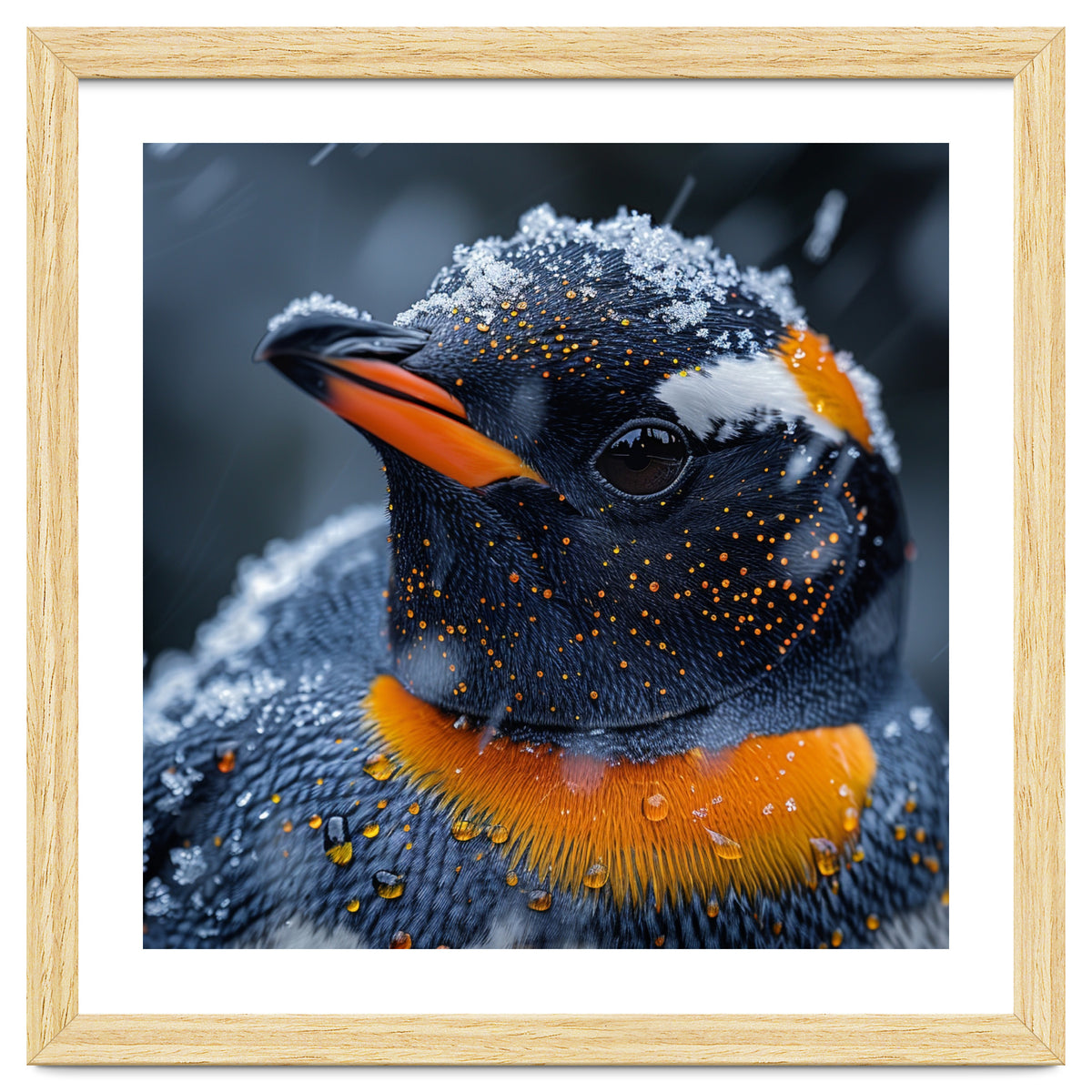 Close Up Penguin In Snow With Water Droplets