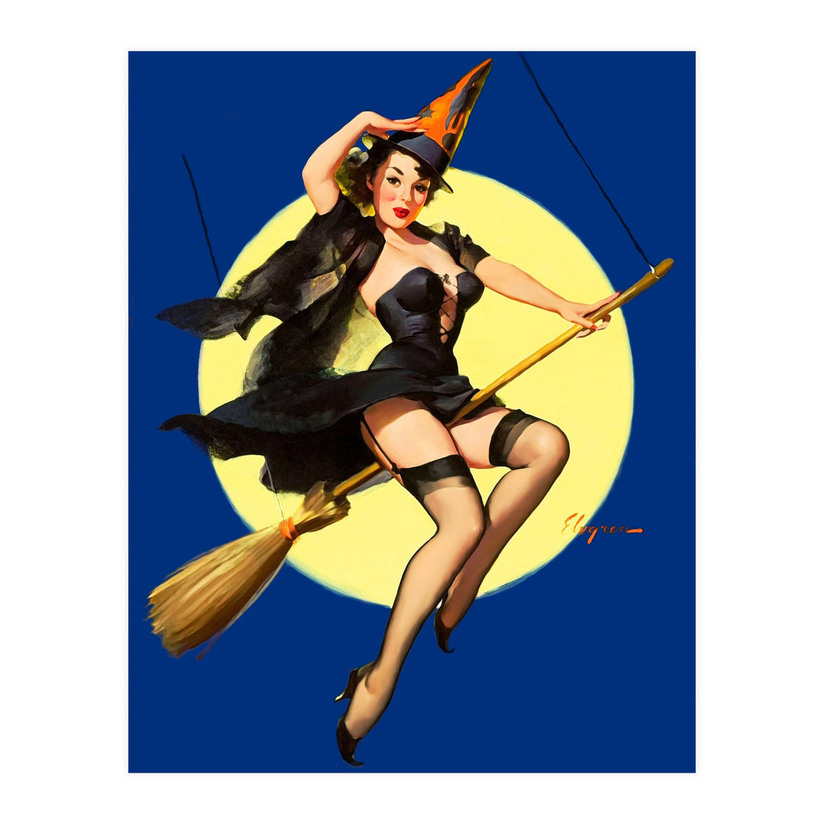Pinup Sexy Witch Posing On A Broom (Print Only)