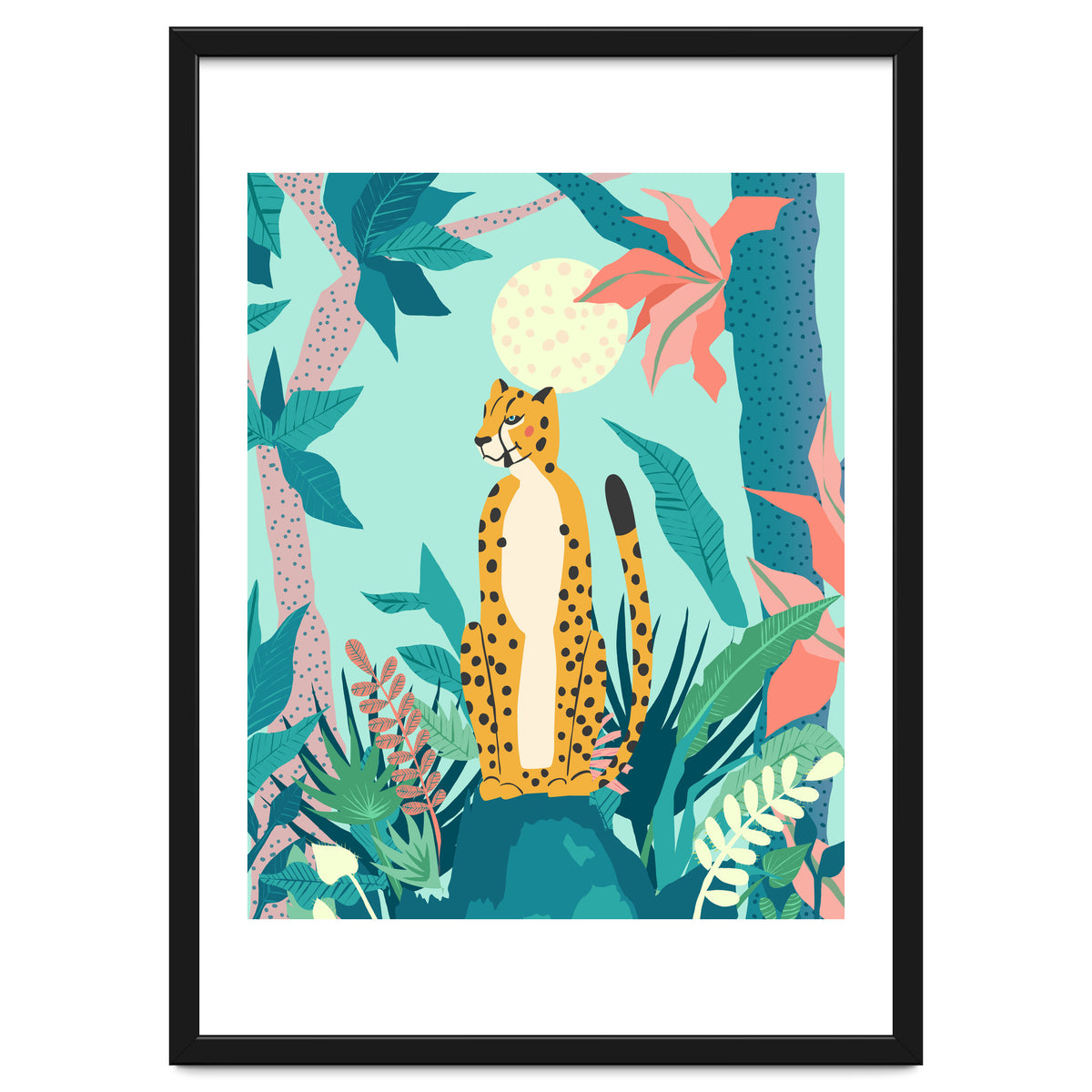 Leopard Forest, Pastel Tropical Jungle Nature Botanical, Moon Eclectic Colorful Wild Animals Boho