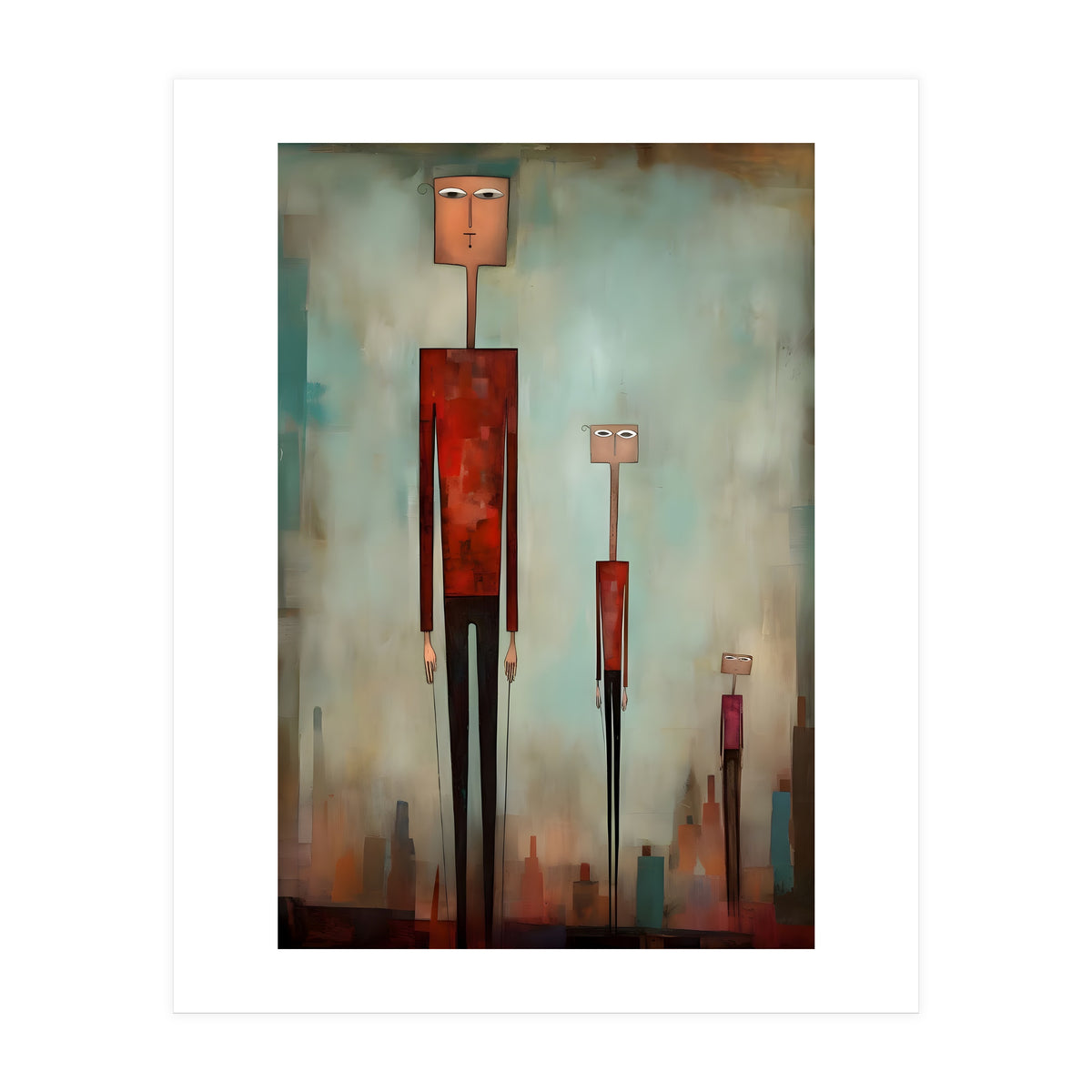 CITY HEIGHTS, three human-like forms of differing heights loom over the city below. (Print Only)