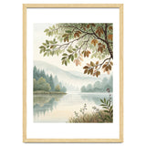 Tranquil Lakeside Forest Watercolor Painting with Overhanging Autumn Branches and Misty Mountain Reflection thumbnail