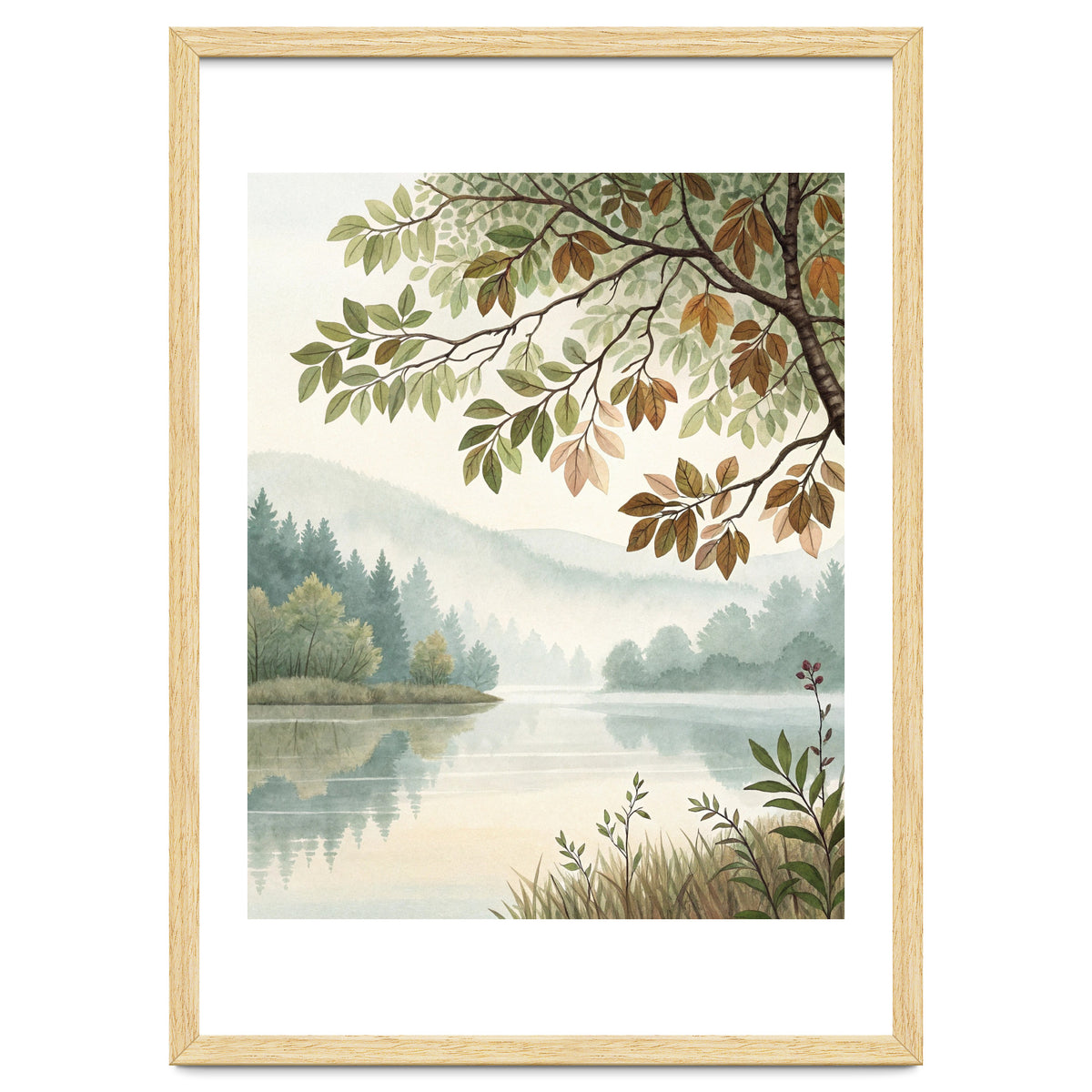 Tranquil Lakeside Forest Watercolor Painting with Overhanging Autumn Branches and Misty Mountain Reflection