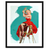 Sexy Pinup Girl In Red Dress Posing On a Ladder thumbnail