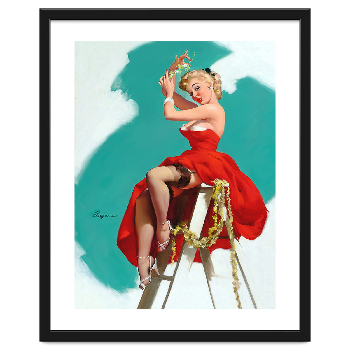 Sexy Pinup Girl In Red Dress Posing On a Ladder