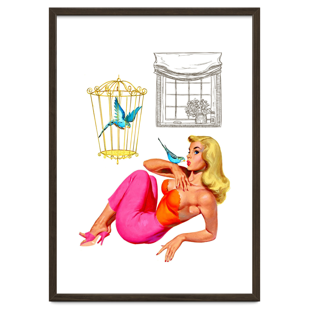 Pinup Girl With Two Birds