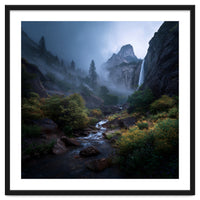 Majestic Misty Mountain Valley with Cascading Waterfall