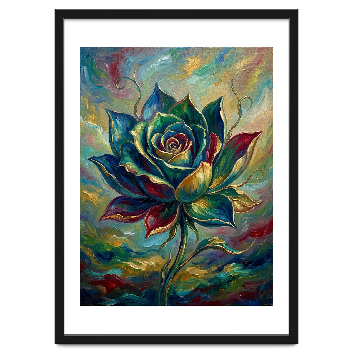 Enchanted Teal and Gold Rose Impasto Oil Painting