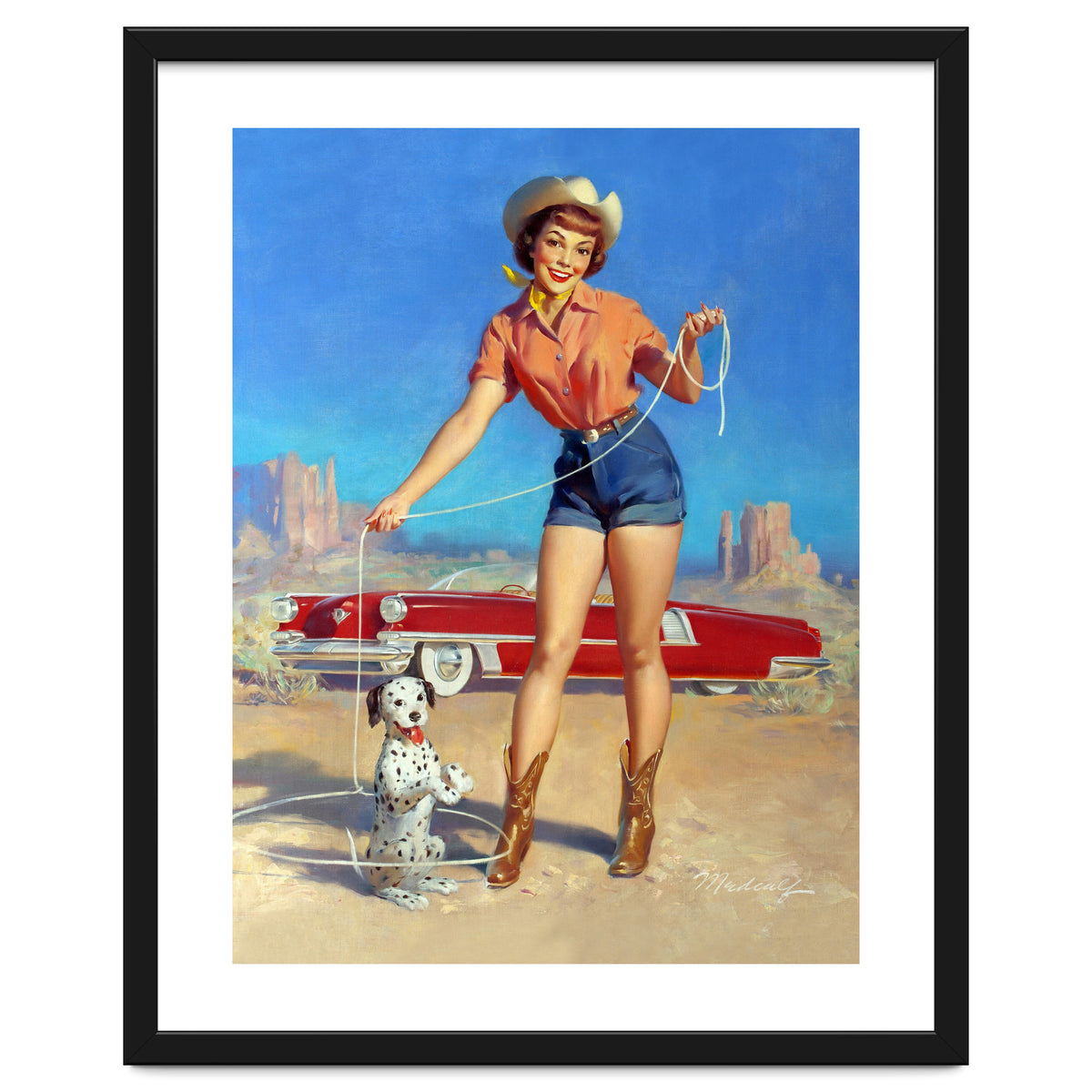 Pinup Cowgirl Showing A New Dog Trick