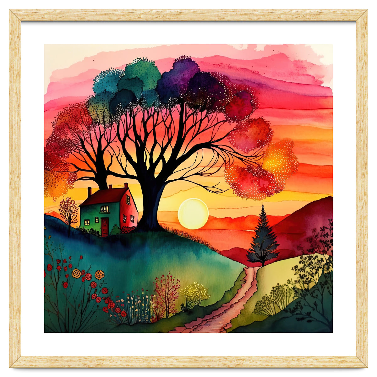 Watercolor Folk Art Sunset