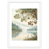 Tranquil Lakeside Forest Watercolor Painting with Overhanging Autumn Branches and Misty Mountain Reflection thumbnail