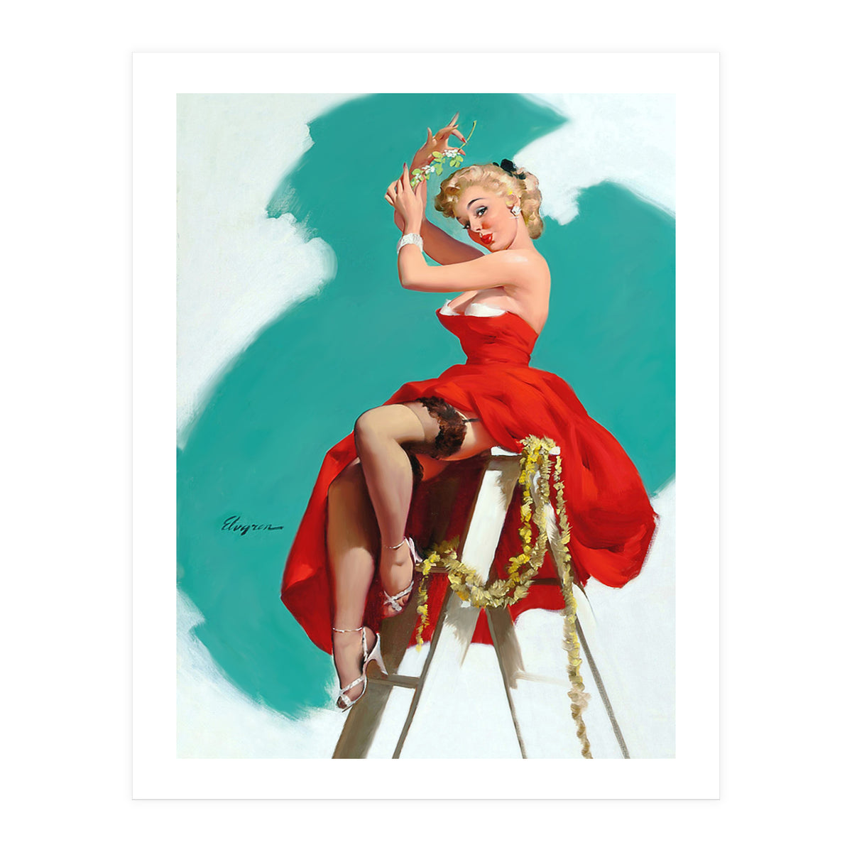 Sexy Pinup Girl In Red Dress Posing On a Ladder (Print Only)