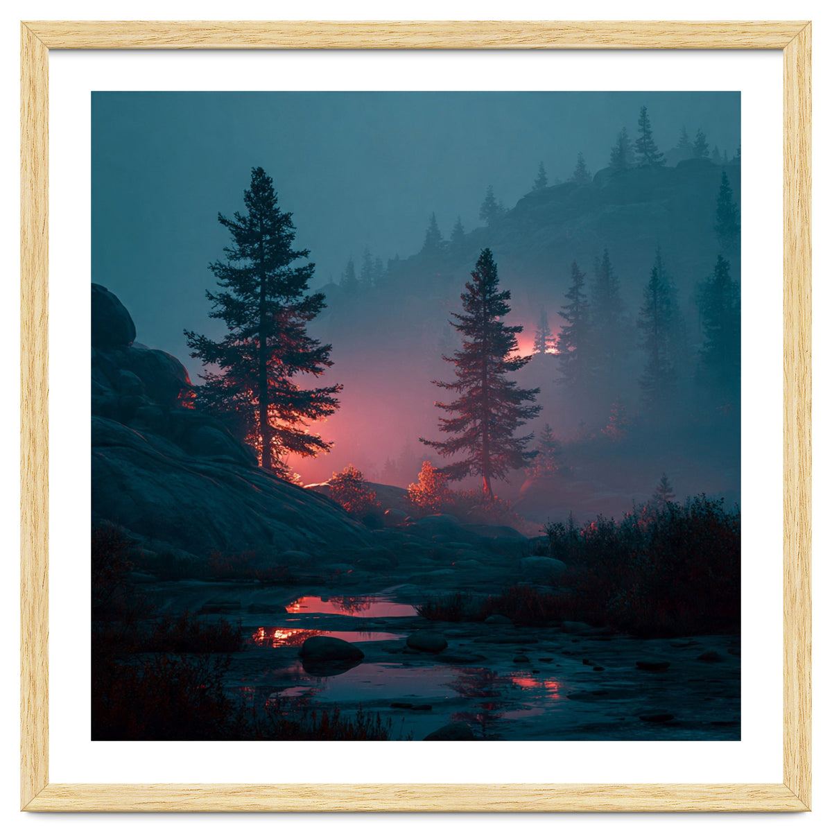 Atmospheric Twilight Pine Forest with Glowing Crimson Light